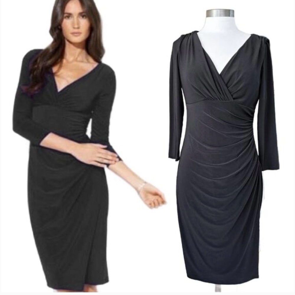 Ralph Lauren Black Ruched Jersey Sheath V Neck Long Sleeve Dress size 2